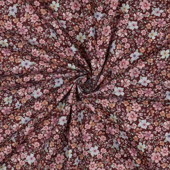 FEIN GEWEBTE BAUMWOLLPOPELINE DIGITAL BLUMEN BORDEAUXROT #7