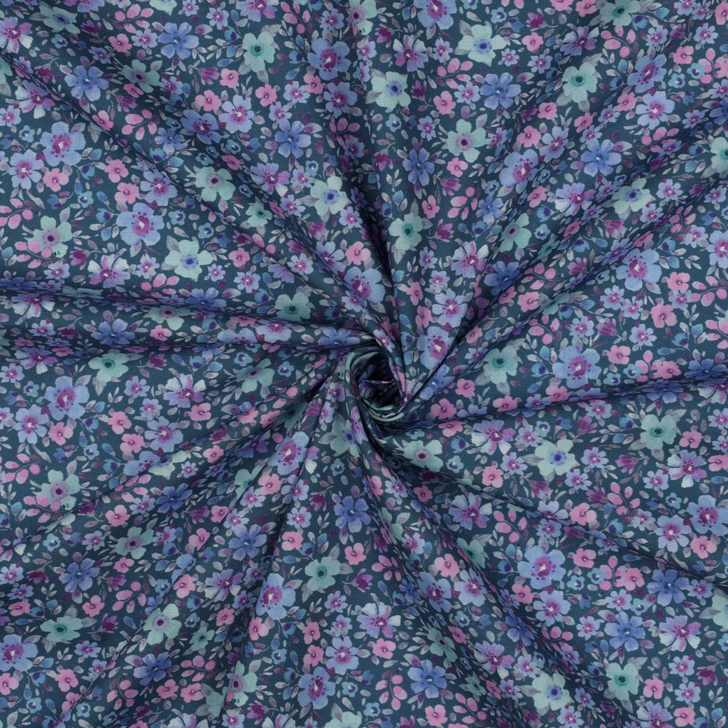 FINE POPLIN DIGITAL FLOWERS PETROL #7