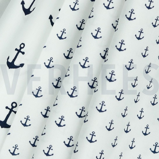 KATOENEN POPLIN KLEINE ANKERS WIT/DONKERBLAUW #7