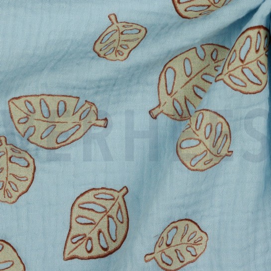 DOUBLE GAUZE MONSTERA LEAVES LIGHT BLUE #7