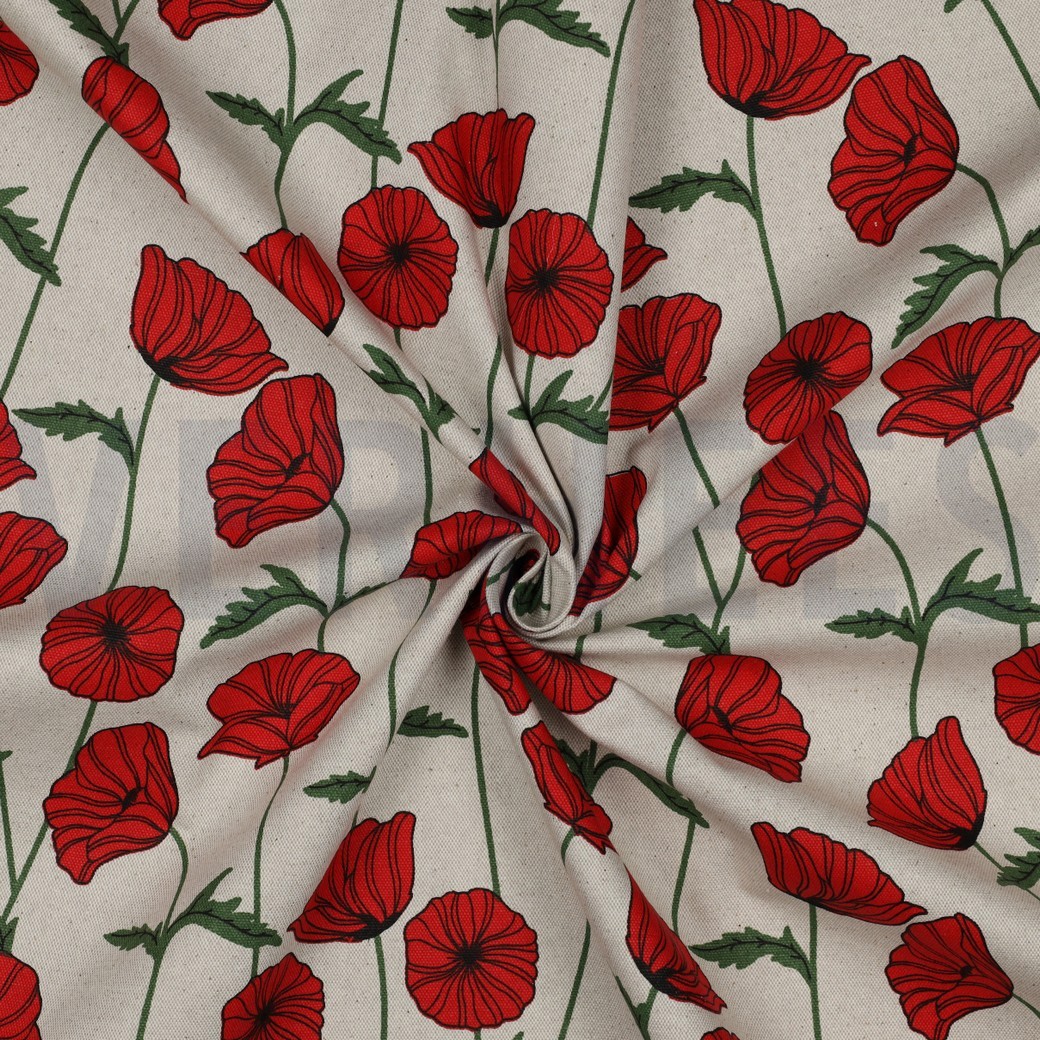 COATED CANVAS LINEN LOOK POPPY FLOWERS NATURAL #7