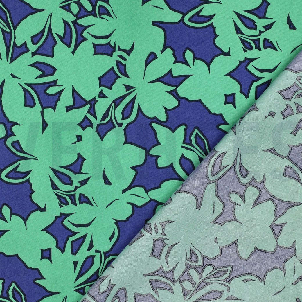 FIJNGEWEVEN KATOENEN POPLIN BLOEMEN BLAUW/GROEN #7