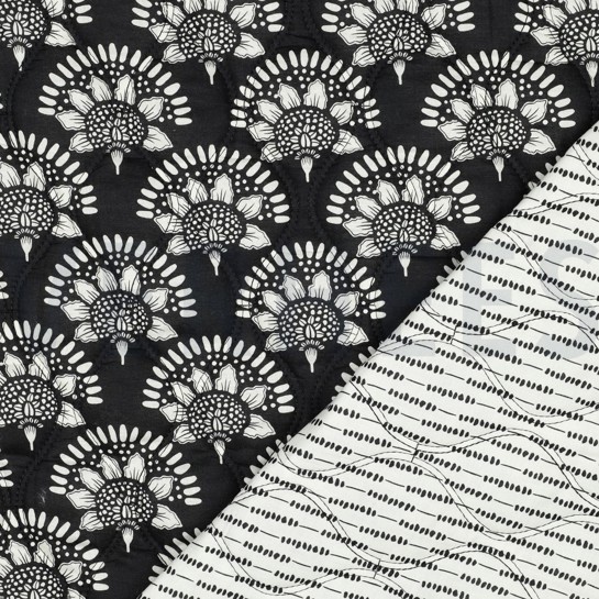 BAUMWOLLE VOILE GESTEPPT BLUMEN SCHWARZ #7