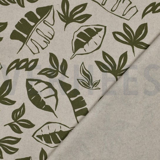 TOILE DÉCORATION LIN LOOK FEUILLES VERT ARMÉE #7
