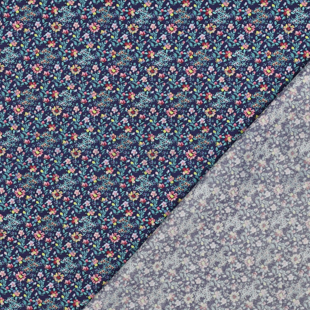 FEIN GEWEBTE BAUMWOLLPOPELINE DIGITAL BLUMEN MARINEBLAU #7