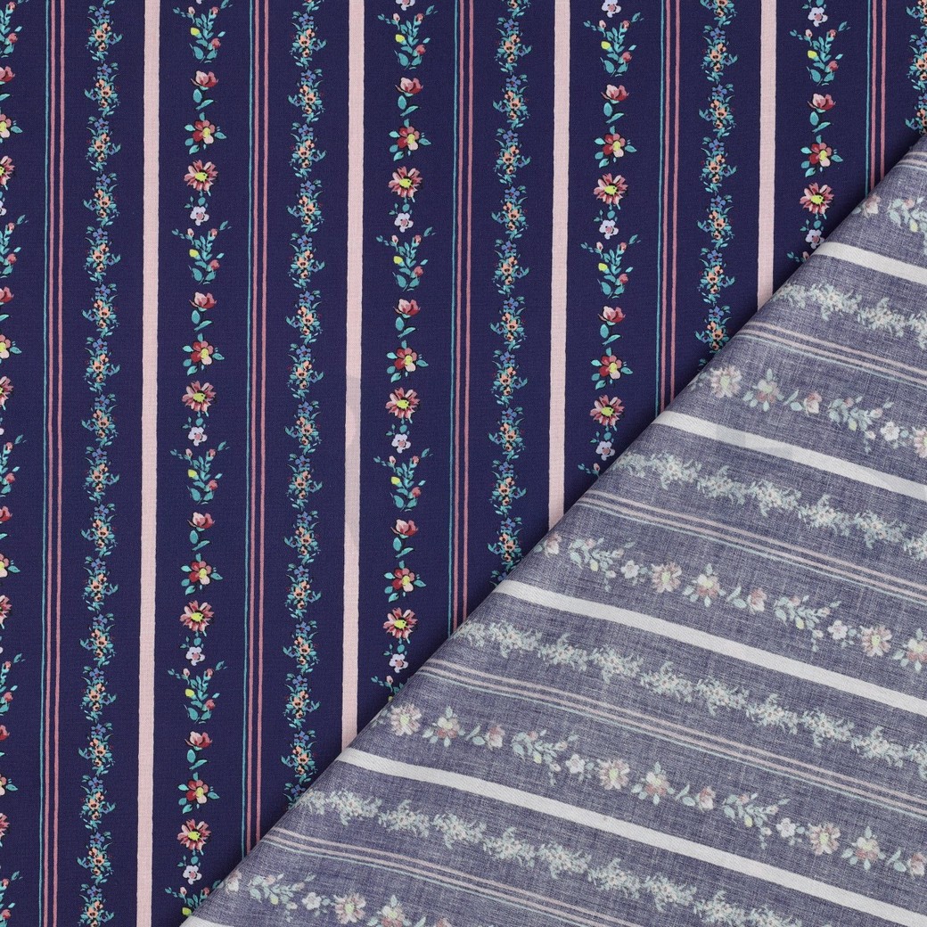 FEIN GEWEBTE BAUMWOLLPOPELINE DIGITAL BLUMEN MARINEBLAU #7