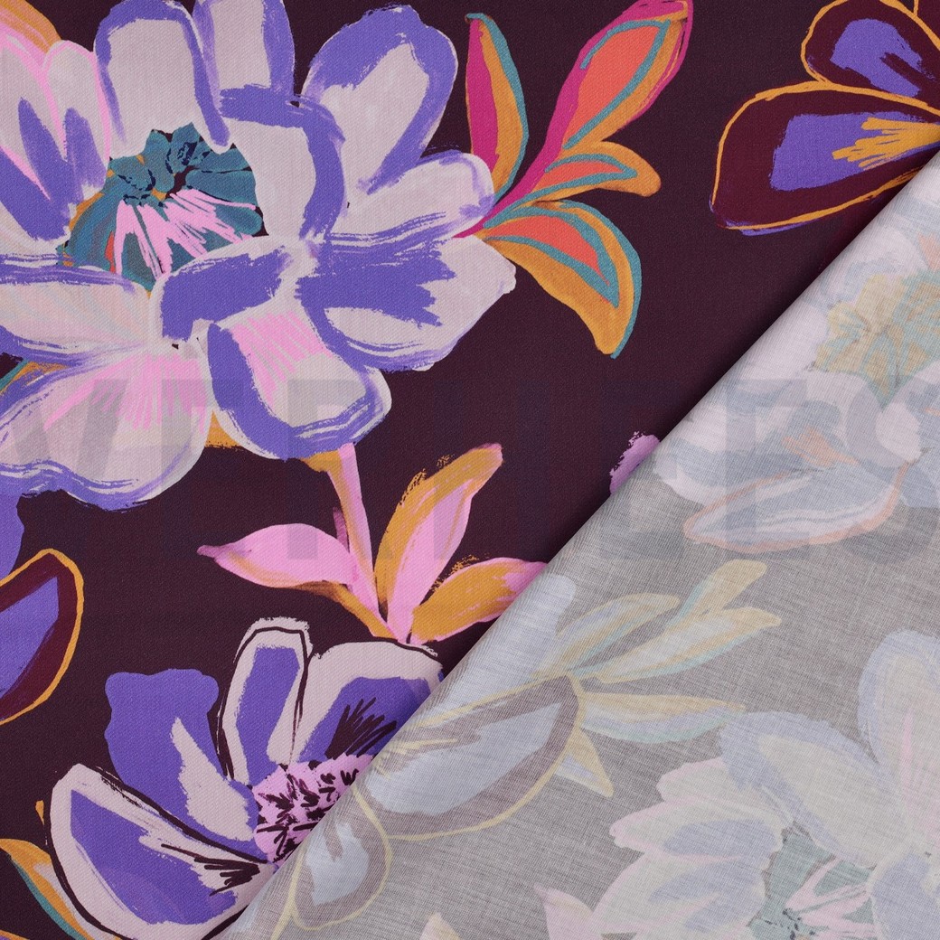 BAUMWOLLE SATIN DIGITAL BLUMEN BORDEAUXROT #7
