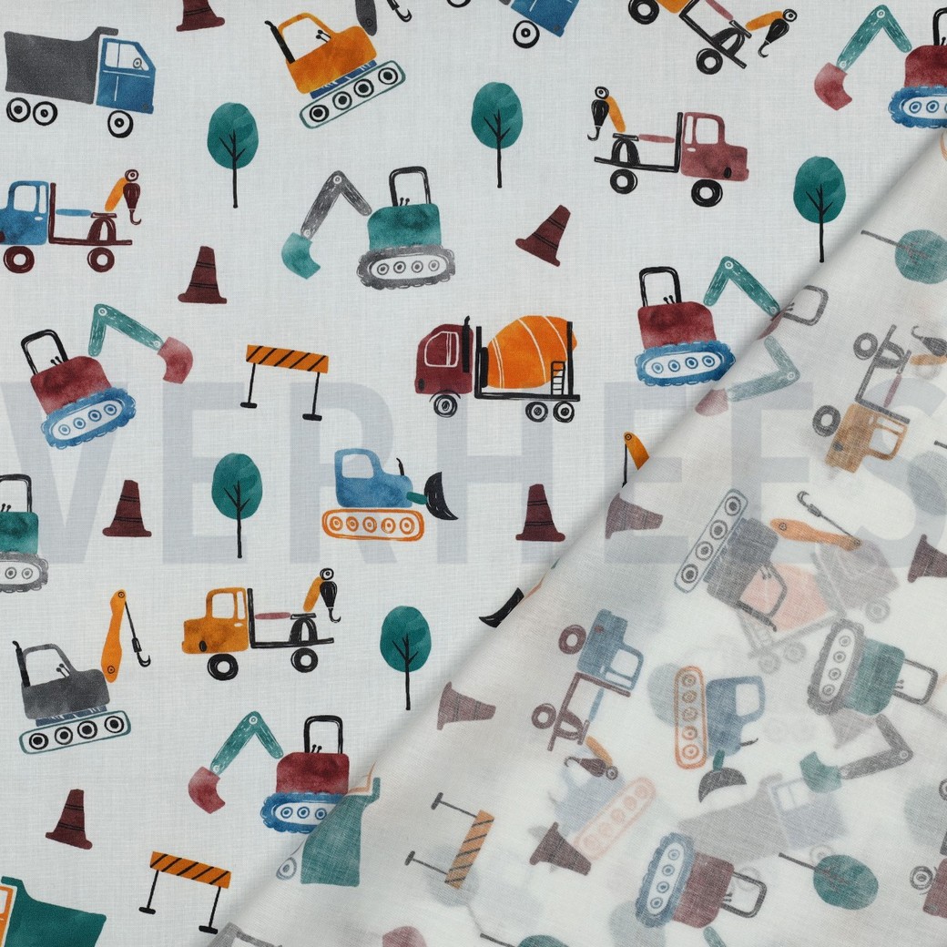 FINE POPLIN DIGITAL CONSTRUCTION VEHICLES WHITE #7