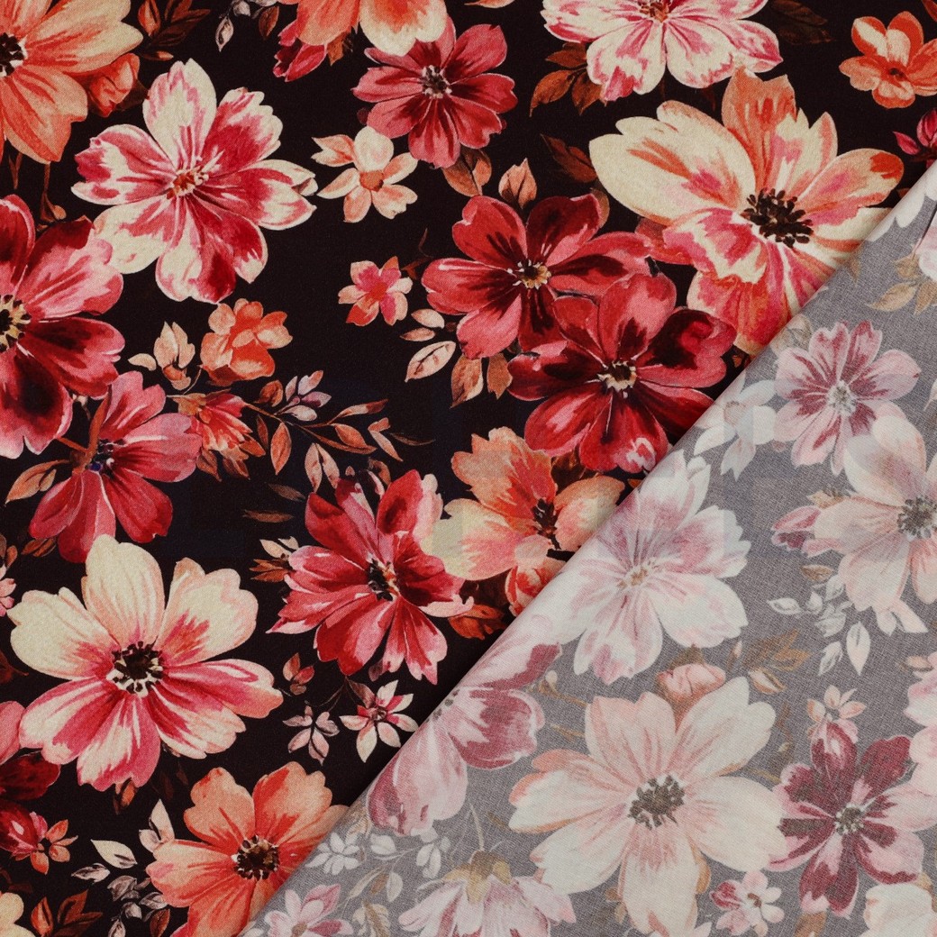 VISKOSE STRETCH DIGITAL BLUMEN BORDEAUXROT #7