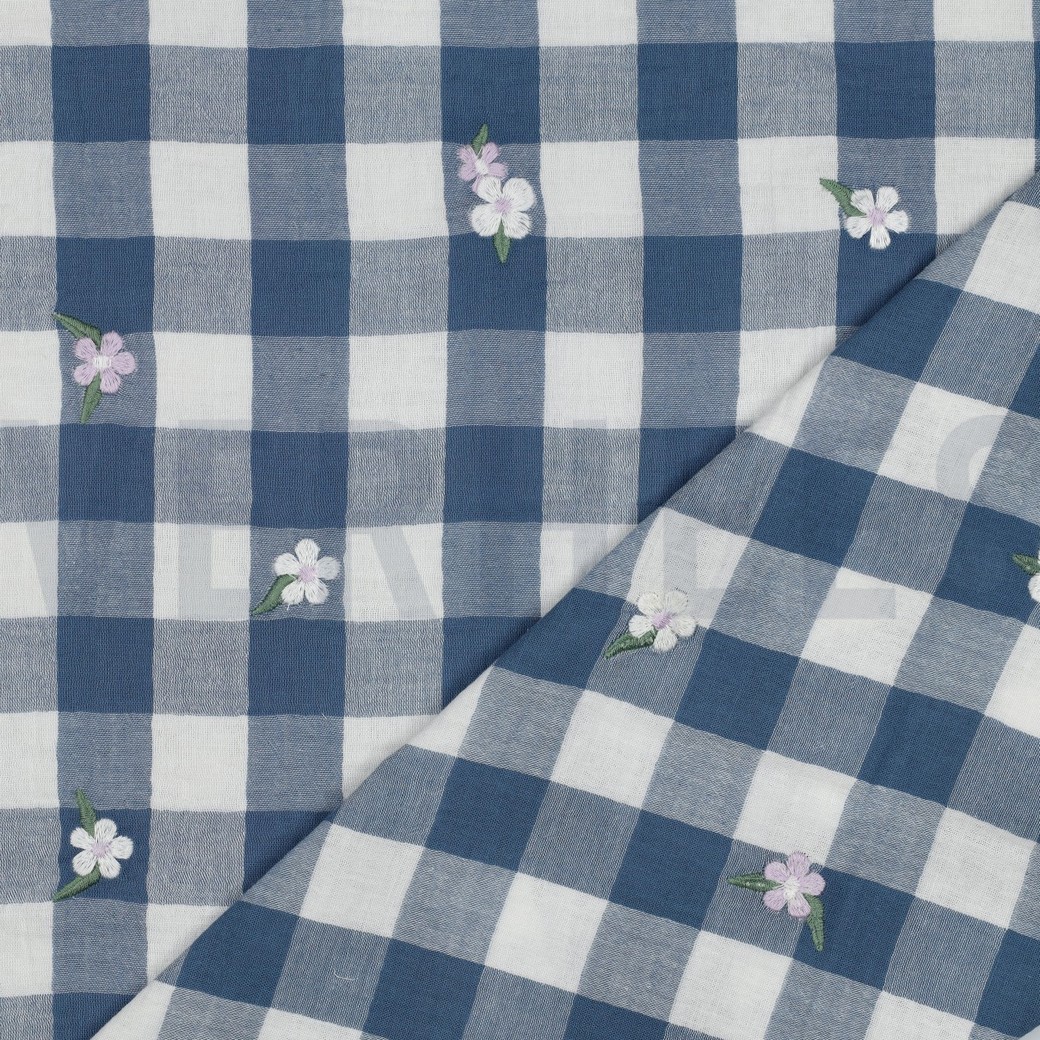 MUSSELIN KAROS STICKEREI BLUMEN BLAU #7
