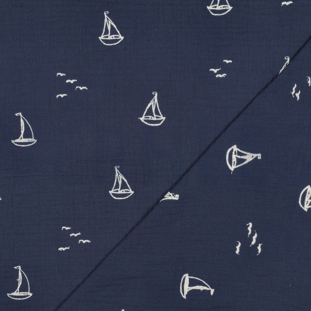 DOUBLE GAUZE EMBROIDERY BOATS NAVY #7