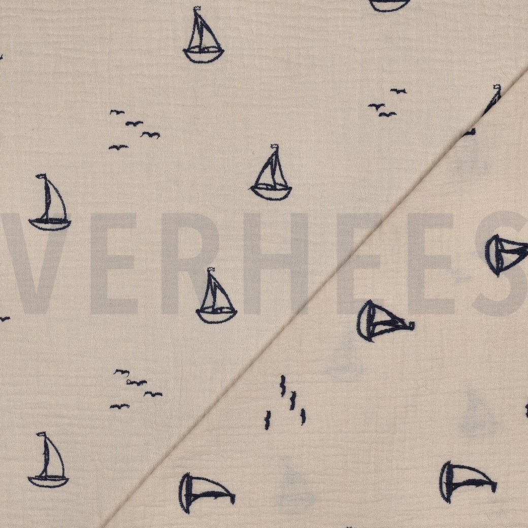 DOUBLE GAUZE EMBROIDERY BOATS NATURAL #7