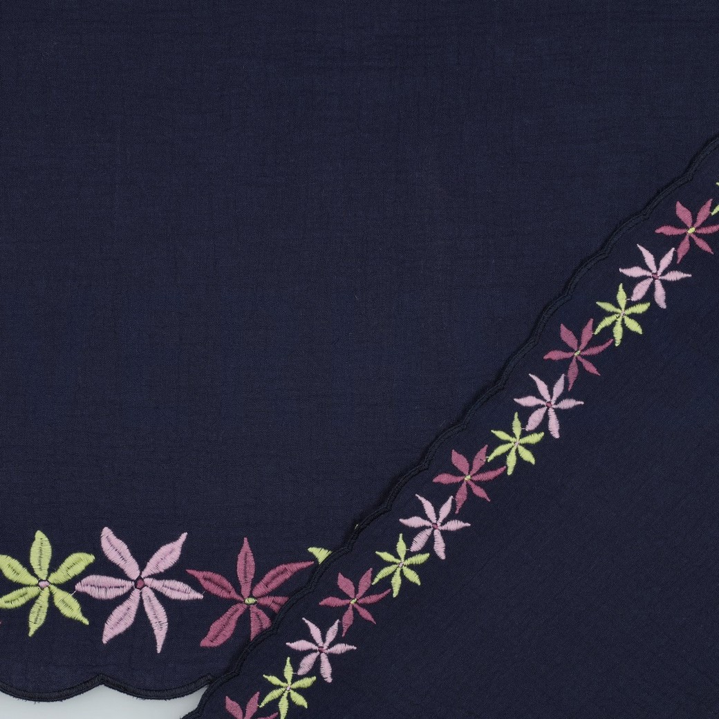 MUSSELIN ZWEISEITIGER RAND BLUMEN MARINEBLAU #7