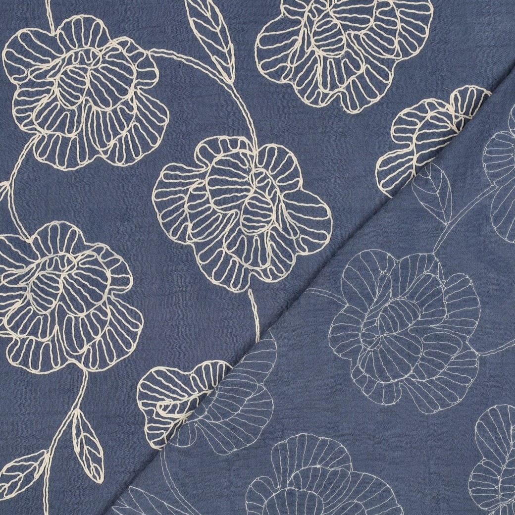MUSSELIN STICKEREI BLUMEN BLAU #7