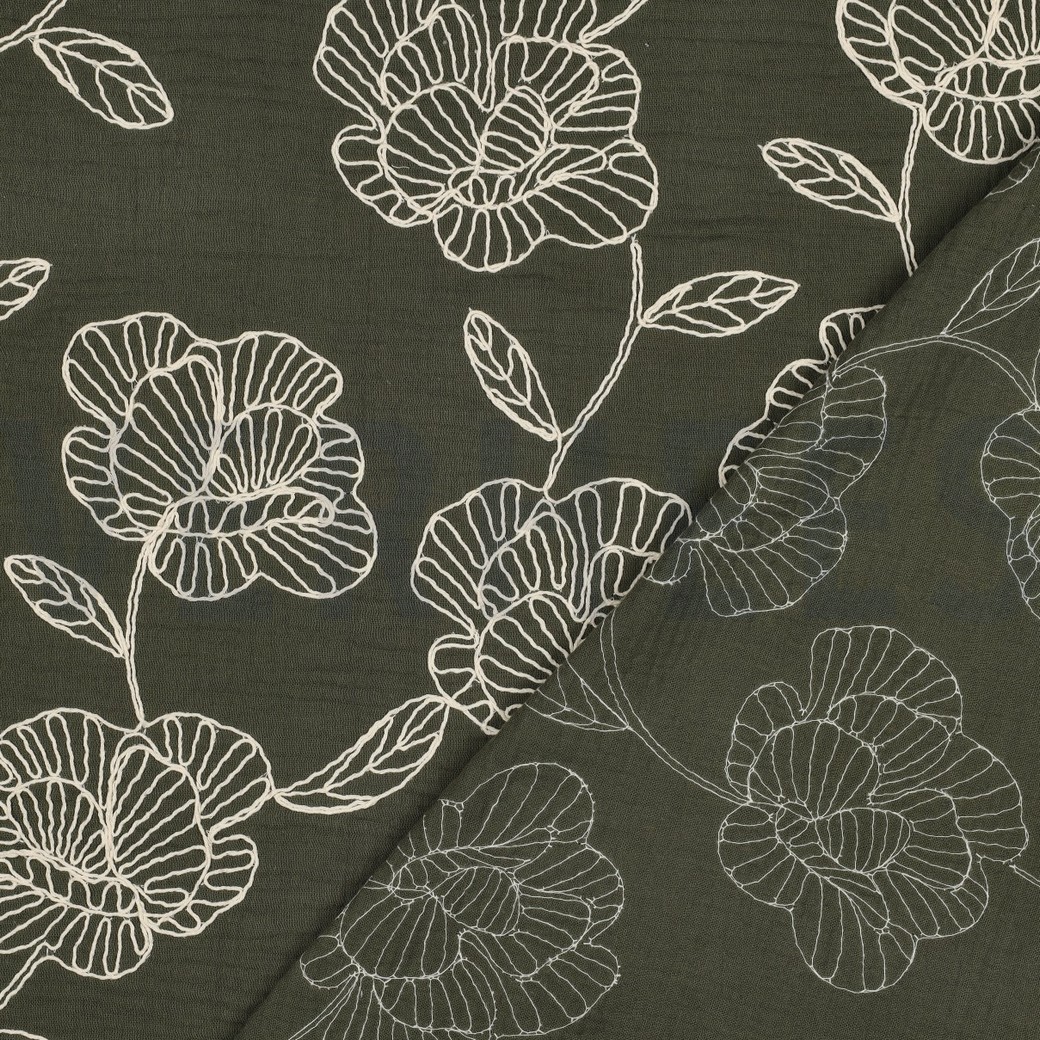 DOUBLE GAUZE EMBROIDERY FLOWERS GREEN #7