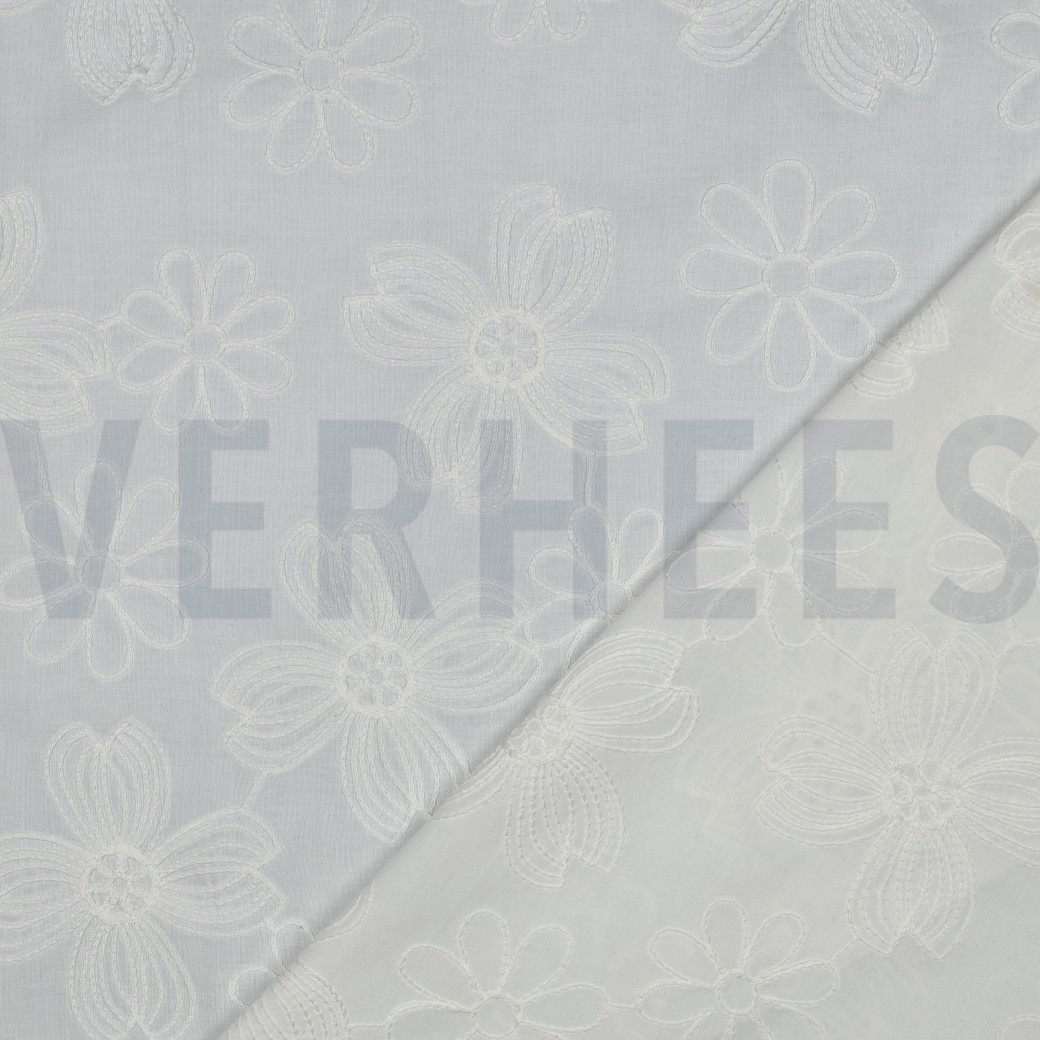 KATOENEN VOILE EMBROIDERY BLOEMEN WIT #7