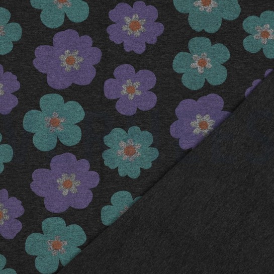 JERSEY MELANGE GLITTER GROTE BLOEMEN ANTHRACIET GEMÊLEERD #7