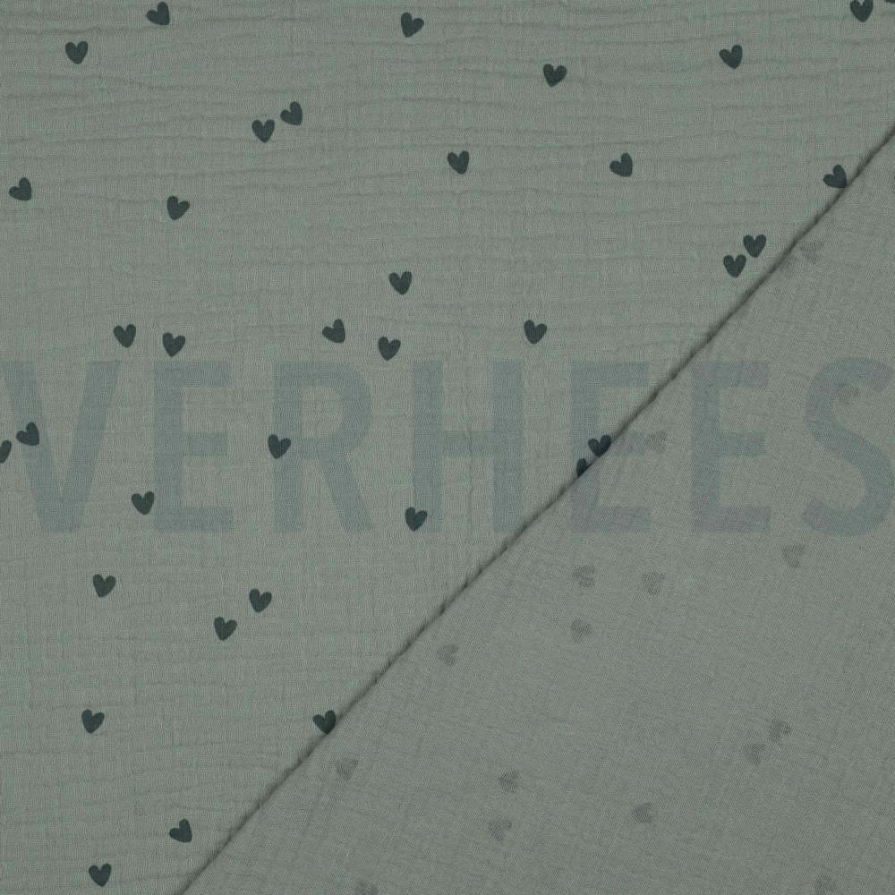 DOUBLE GAZE DE COTON PETITS COEURS VERT NIL #7