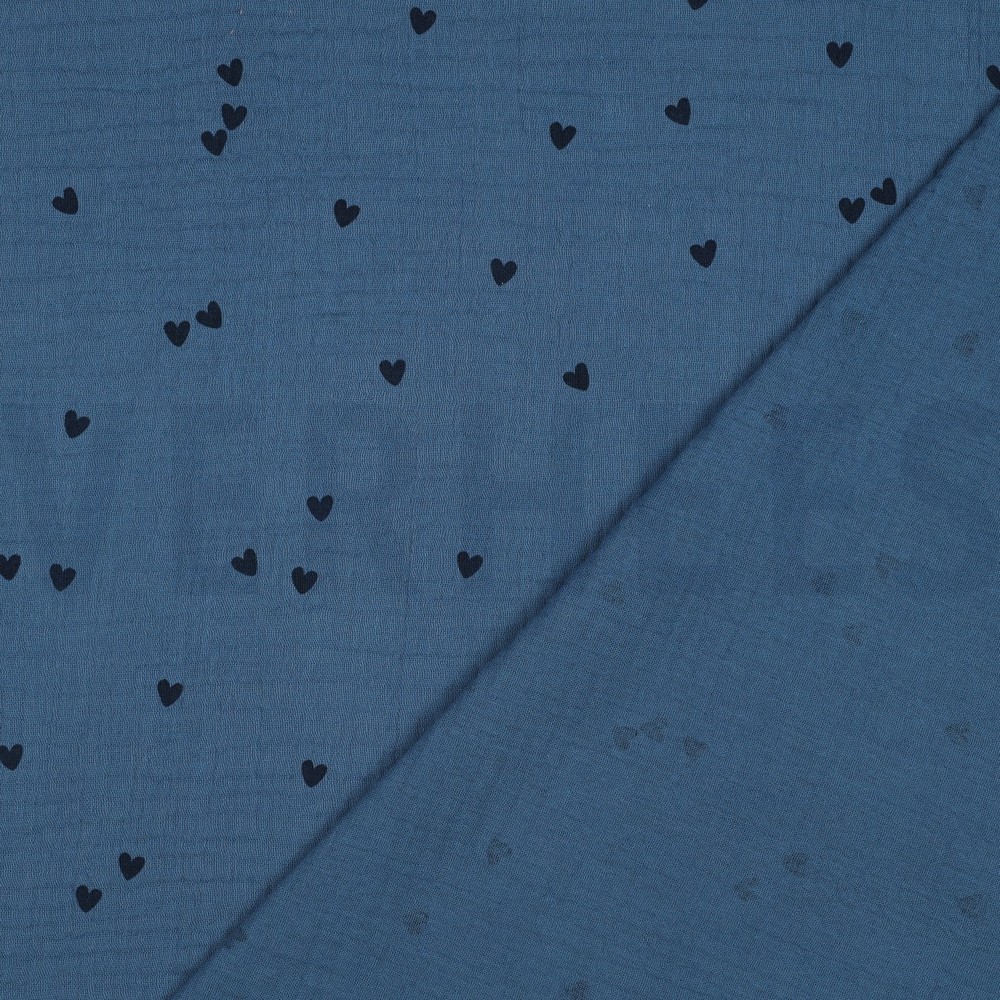 DOUBLE GAZE DE COTON PETITS COEURS INDIGO #7