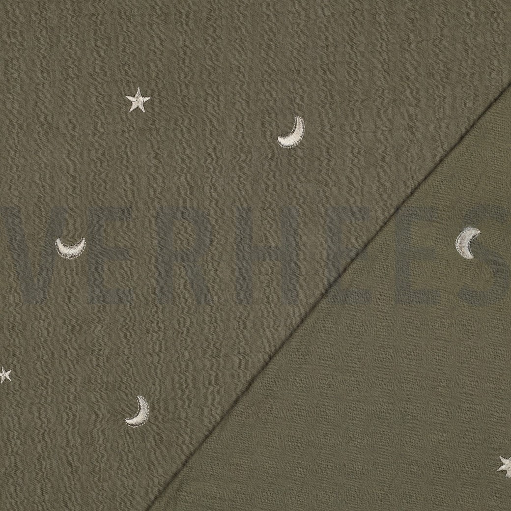 DOUBLE GAUZE EMBROIDERY STARS MOSS GREEN #7