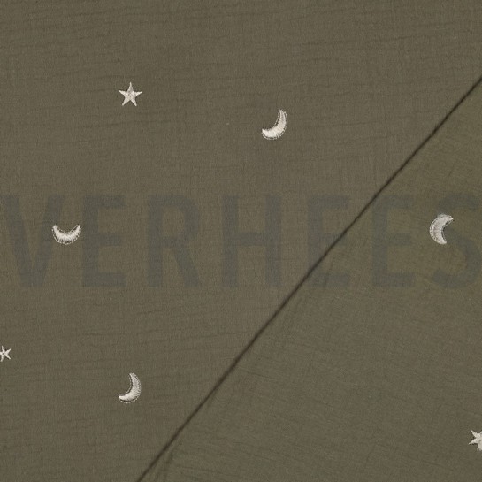 MUSSELIN STICKEREI STERNE MOOSGRÜN #7