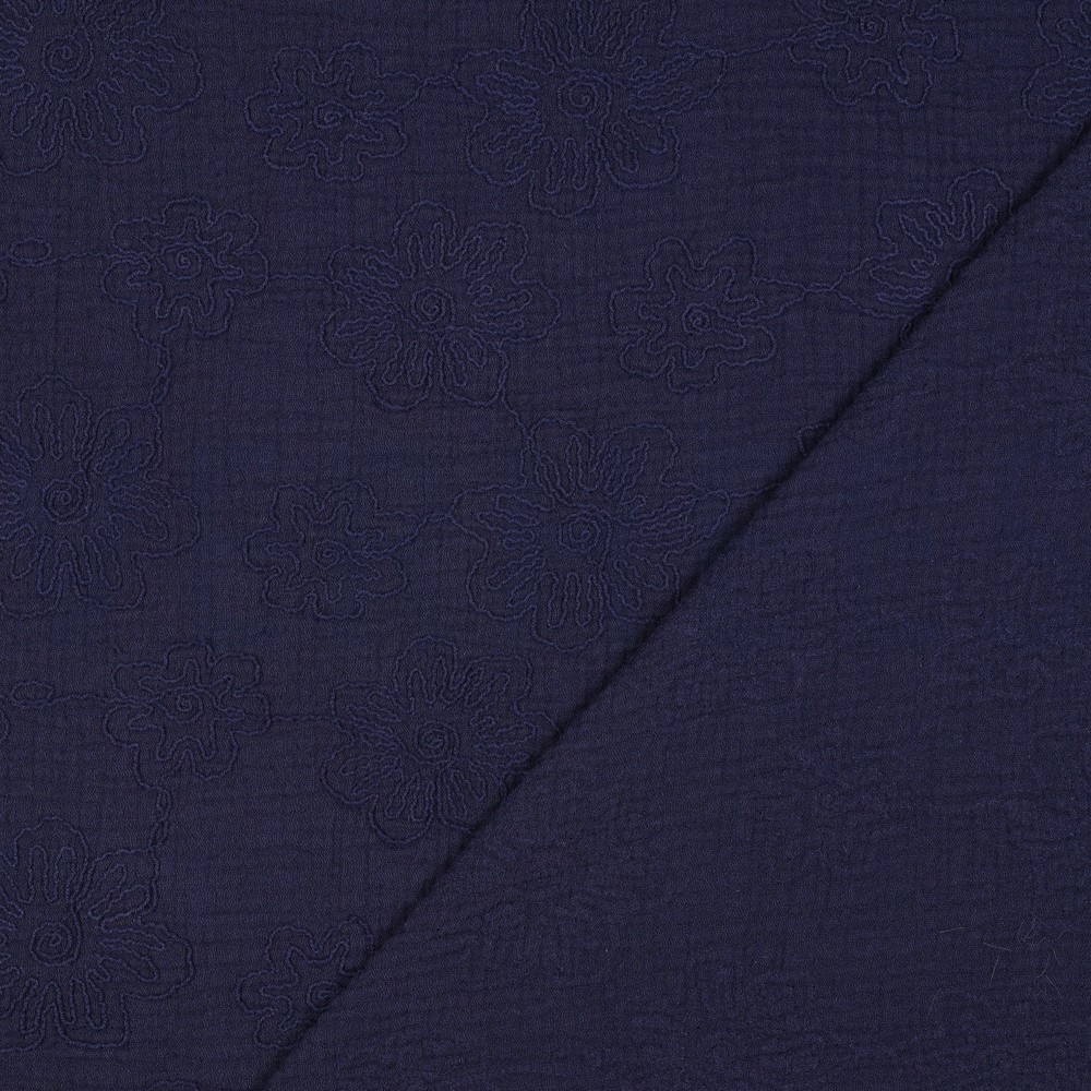 DOUBLE GAUZE EMBROIDERY BLOEMEN MARINEBLAUW #7