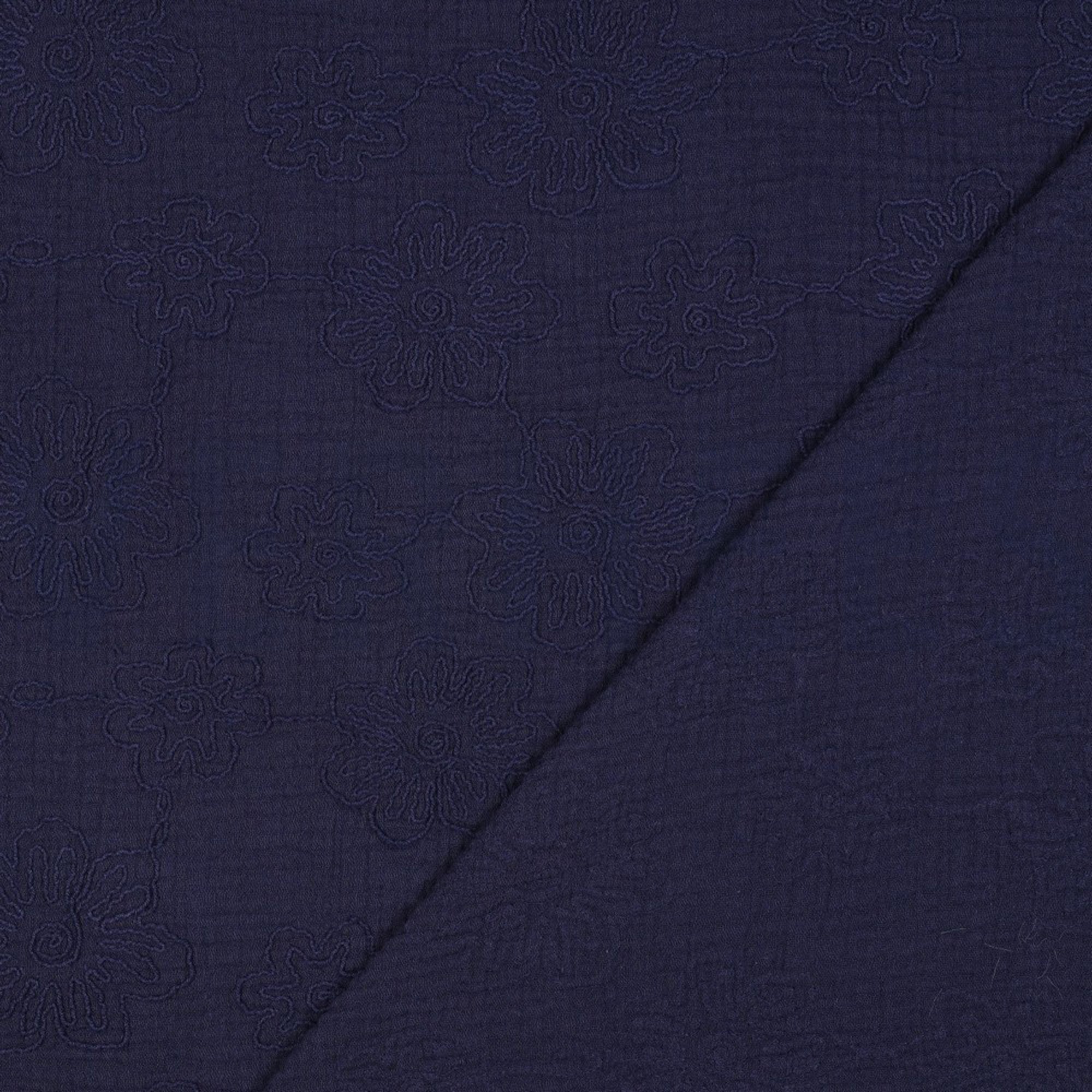 DOUBLE GAZE DE COTON BRODERIE FLEURS BLEU MARINE (high resolution) #4