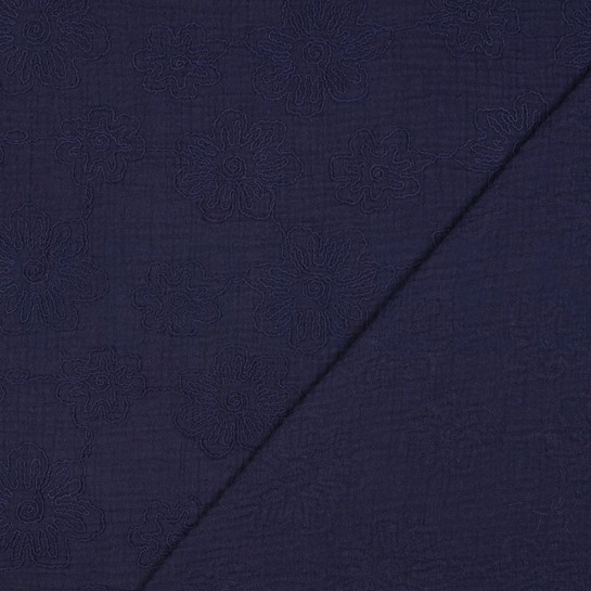 DOUBLE GAZE DE COTON BRODERIE FLEURS BLEU MARINE #7