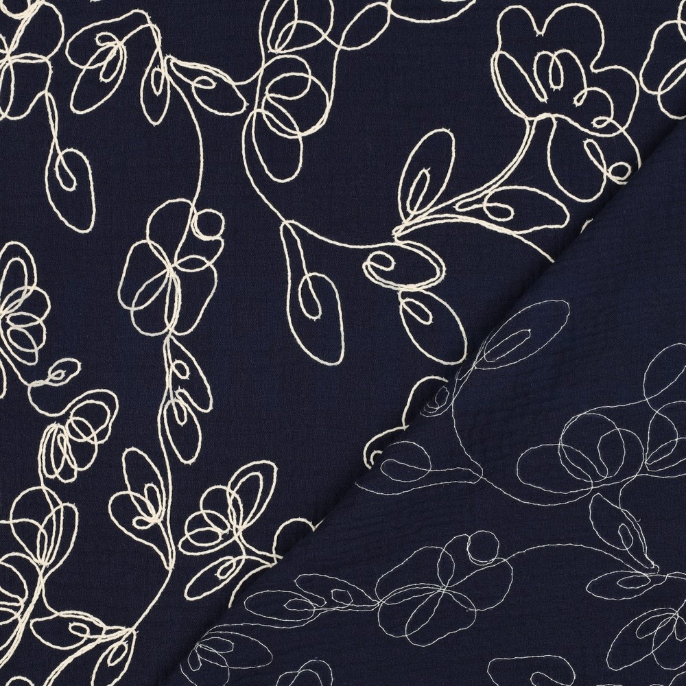 DOUBLE GAZE DE COTON BRODERIE FLEURS BLEU MARINE #7