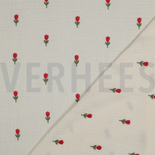 DOUBLE GAZE DE COTON BRODERIE FLEURS NATUREL #7