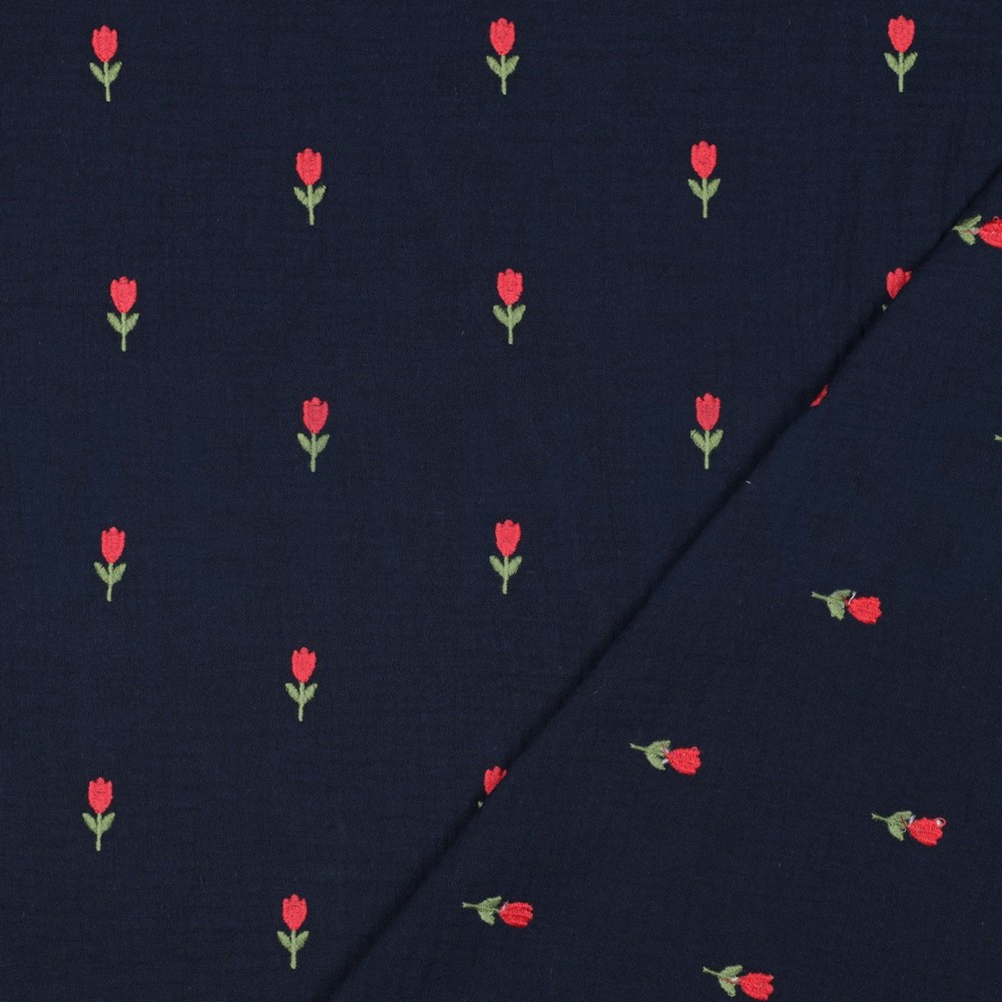 DOUBLE GAZE DE COTON BRODERIE FLEURS BLEU MARINE (high resolution) #4