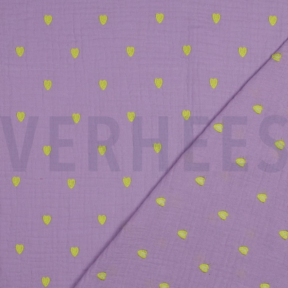 DOUBLE GAUZE EMBROIDERY NEON HEARTS LAVENDER #7