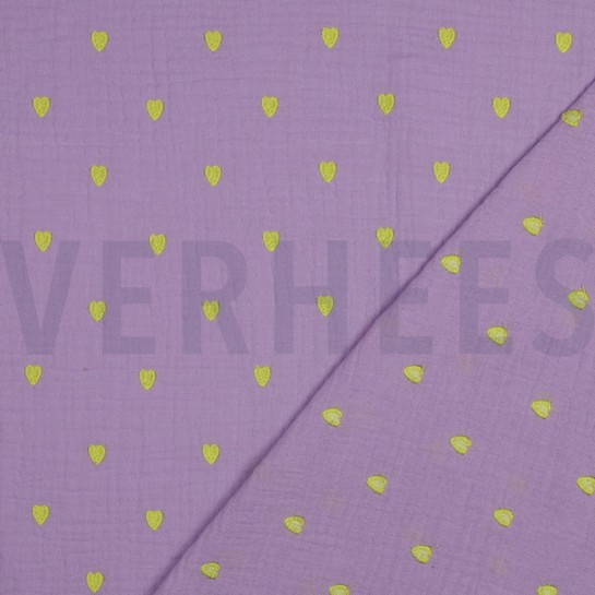 DOUBLE GAZE DE COTON BRODERIE COEURS NEON LAVANDE #7