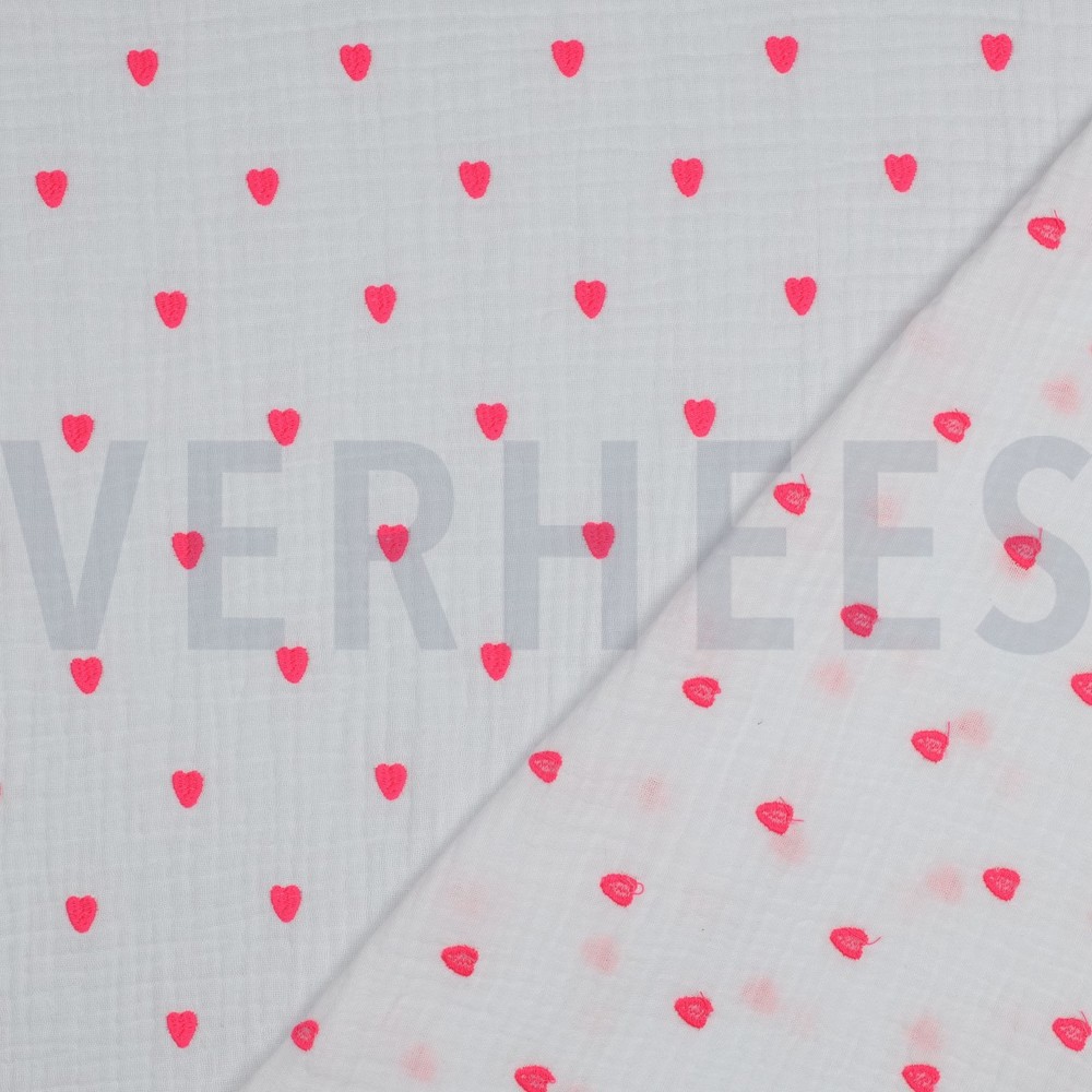 DOUBLE GAUZE EMBROIDERY NEON HEARTS WHITE #7