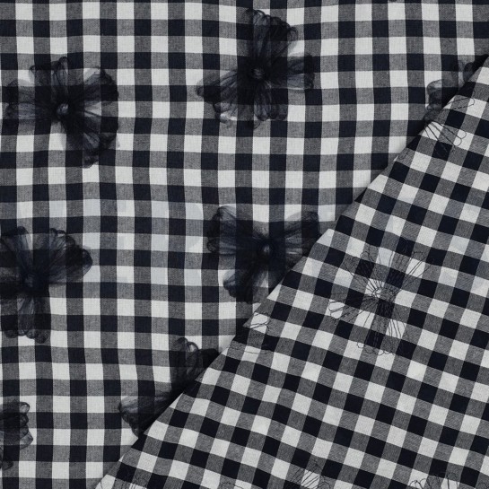 BAUMWOLLE GARNGEFÄRBT KAROS TÜLL BLUMEN MARINEBLAU #7