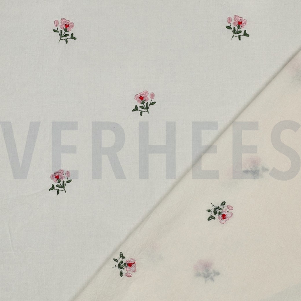 BAUMWOLLE VOILE KRINKEL STICKEREI BLUMEN GEBROCHEN WEISS #7