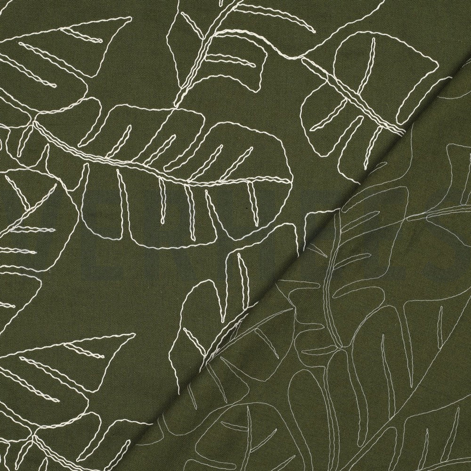 LINEN VISCOSE EMBROIDERY LEAVES FOREST GREEN (high resolution) #4