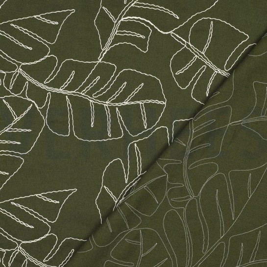 LINEN VISCOSE EMBROIDERY LEAVES FOREST GREEN #7
