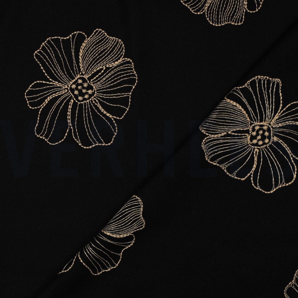 LINNEN VISCOSE EMBROIDERY BLOEMEN ZWART #7