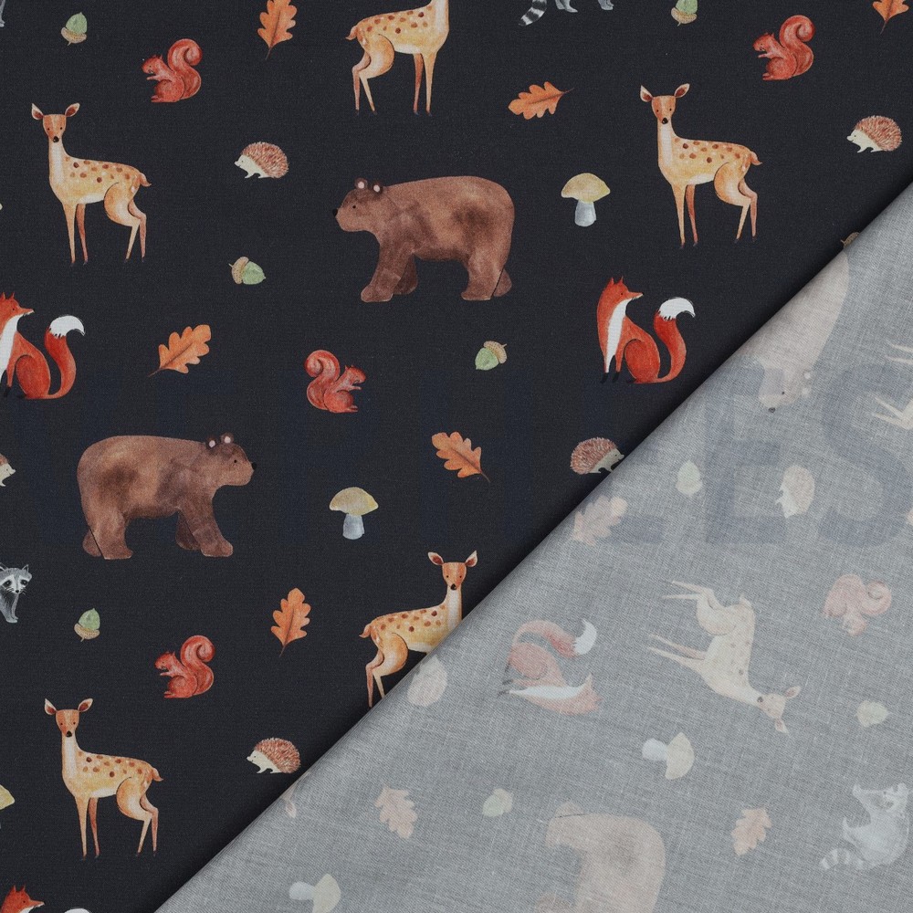 FINE POPLIN DIGITAL FOREST ANIMALS NAVY #7