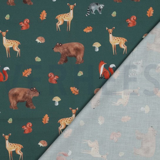 FINE POPLIN DIGITAL FOREST ANIMALS DARK GREEN #7
