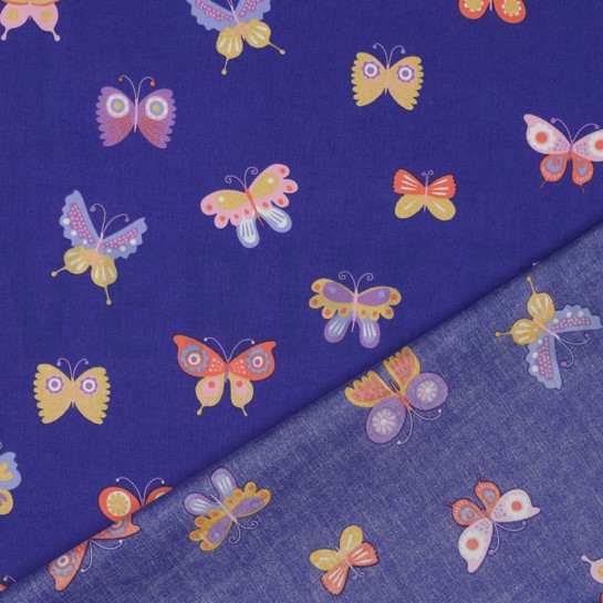 POPELINE DE COTON PAILLETTES PAPILLONS BLEU COBALT #7