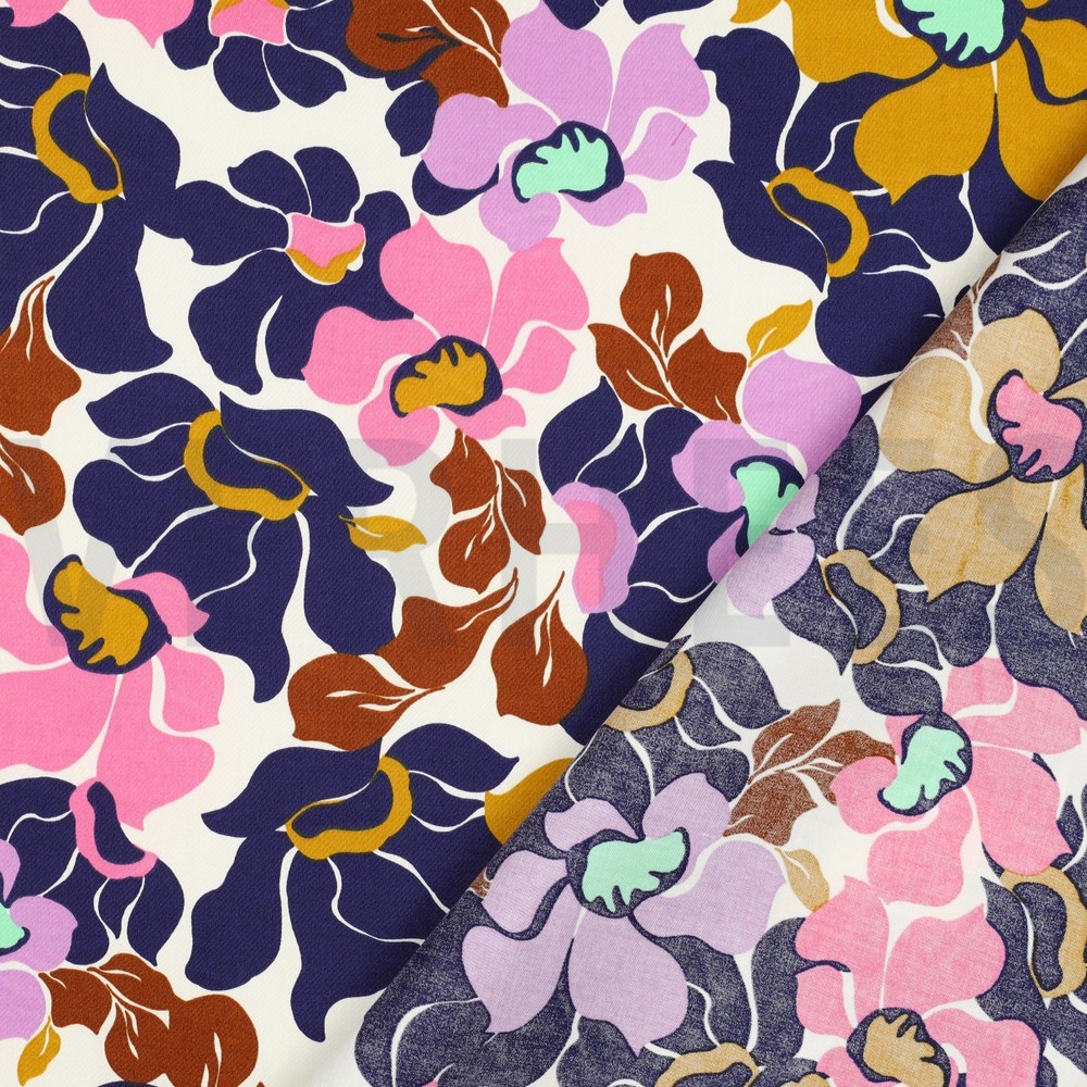 KATOEN SATIJN ABSTRACTE BLOEMEN DONKERBLAUW/ROZE #7