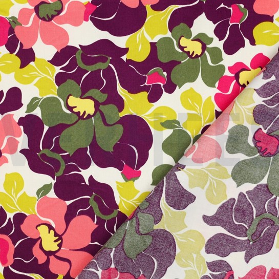 COTTON SATIN ABSTRACT FLOWERS DARK PURPLE/SALMON #7