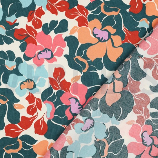 COTTON SATIN ABSTRACT FLOWERS DARK GREEN/PEACH #7