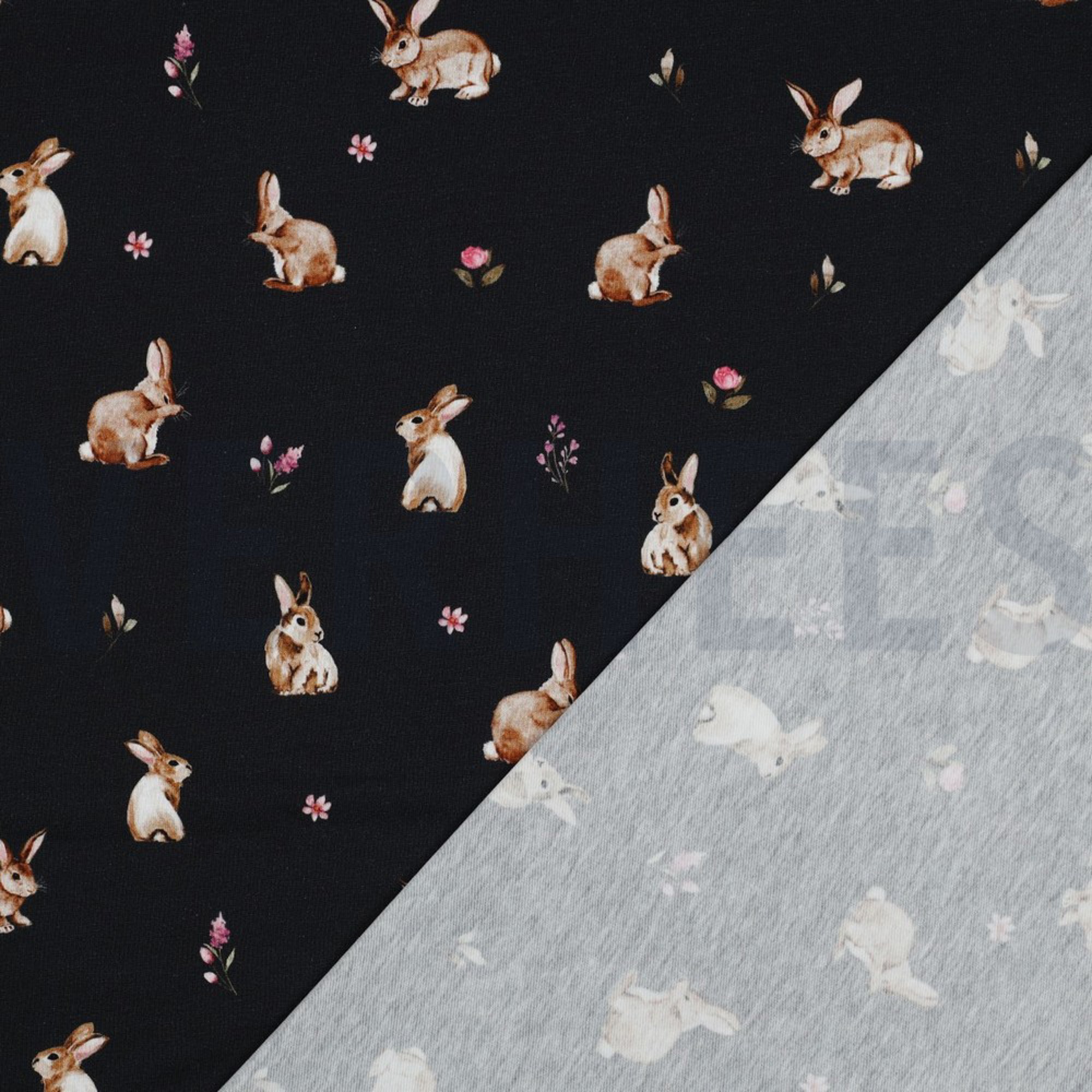 JERSEY DIGITAL RABBITS AND FLOWERS NAVY (high resolution) #4