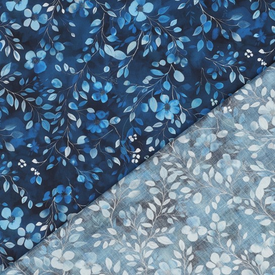 POPELINE DE COTON DIGITAL FEUILLES BLEU COBALT #7