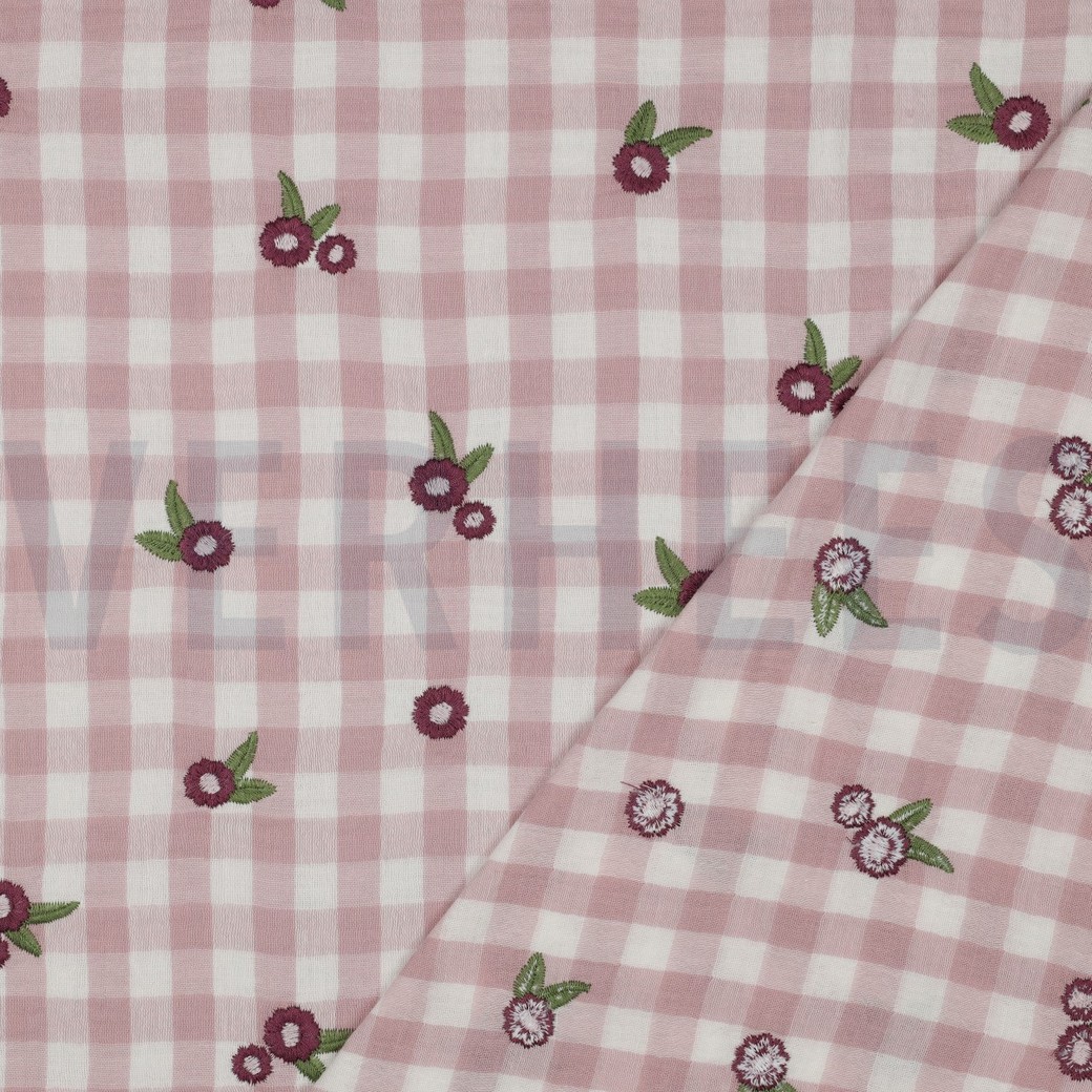 DOUBLE GAUZE CHECKS EMBROIDERY FLOWERS MAUVE #7