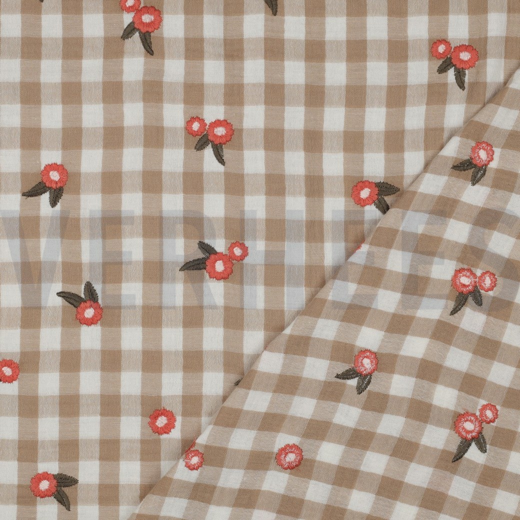 DOUBLE GAUZE CHECKS EMBROIDERY FLOWERS BEIGE #7
