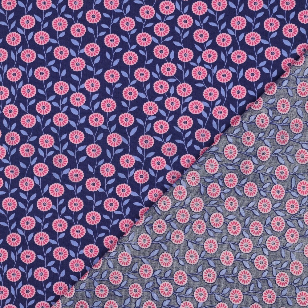 POPELINE DE COTON TISSAGE FIN FLEURS & CARREAUX BLEU MARINE #7